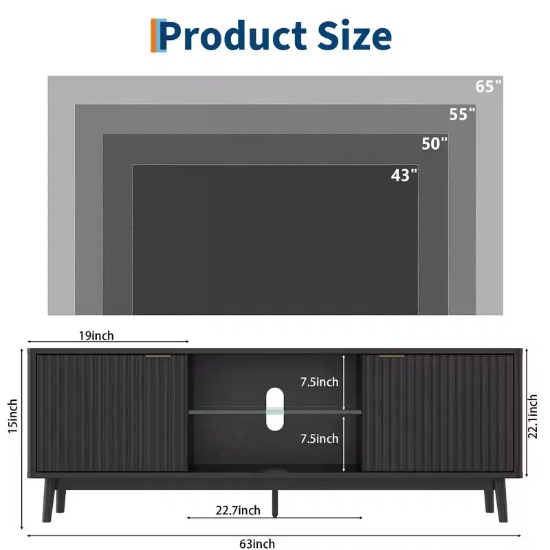 Modern 63 Black TV Stand, Entertainment Center with Adjustable Shelf, TV Console Table, Easy Assembly, for Living Room, Bedroom