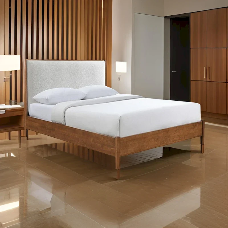 Queen Bed, Beige Boucle Upholstered Headboard Walnut Brown Solid Wood