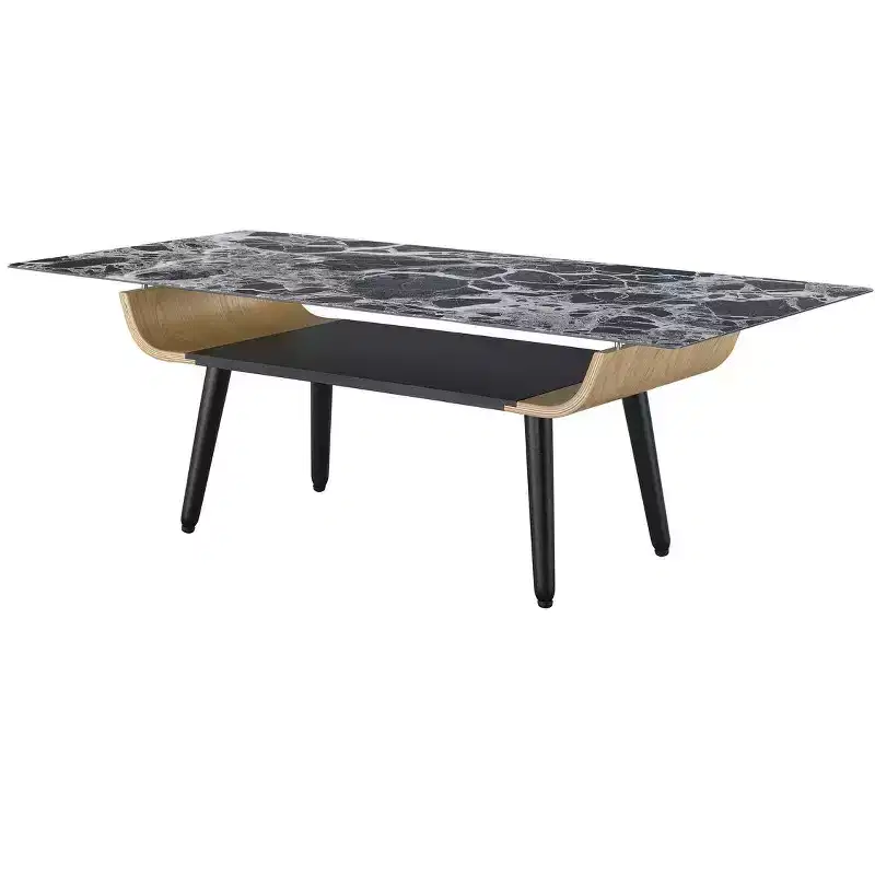 HOMLUX Modern Rectangular Sofa Coffee Table Faux Marble Top Accent Cocktail Table W/Open Storage Compartment