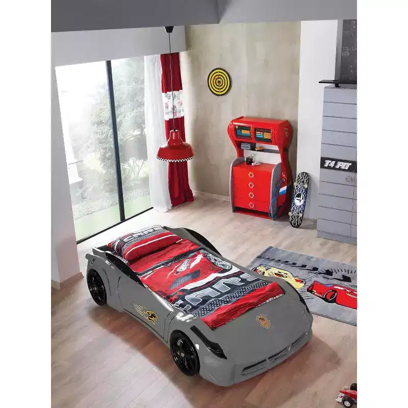 Twin Car Bed Frame for Kids, ABS Construction, No Headboard, Race Car Design