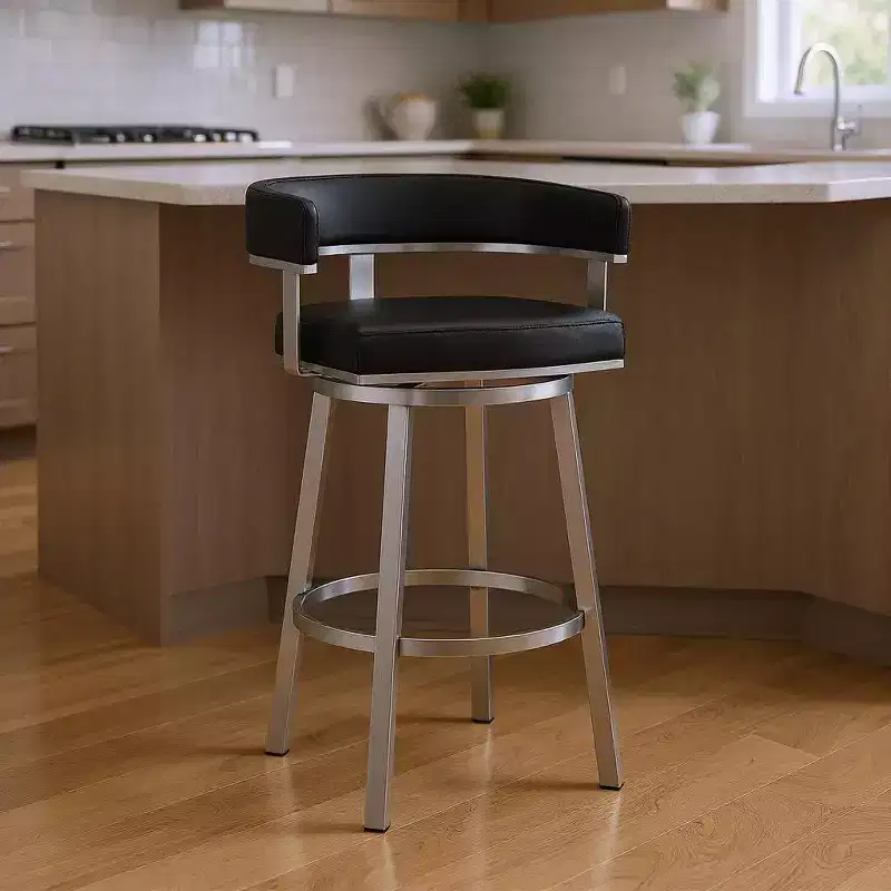 HomeRoots 26 Black And Silver Faux Leather And Iron Swivel Low Back Counter Height Bar Chair
