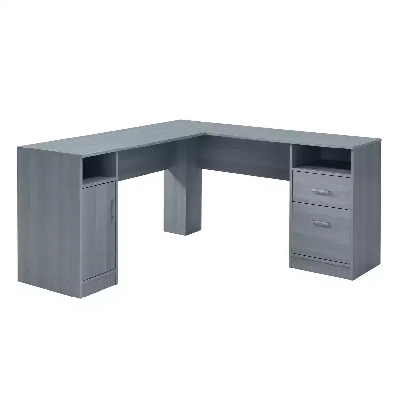 Gray L-Shaped Desk with Storage Drawers & Cabinet – 1 Person