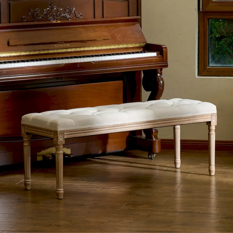Extra Long French Vintage Upholstered Bench with Carved Wood Frame