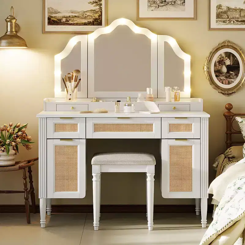 44.37 Makeup Vanity Desk with 13 LED Bulbs, 3 Lighting Modes, Tri-Fold Mirror, 5 Drawers & Shelves, Bedroom Charging Station, White