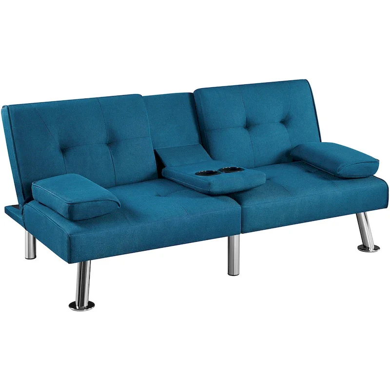 Fabric Upholstered Convertible Futon Sofa Bed – Foldable Sleeper Couch for Living Room
