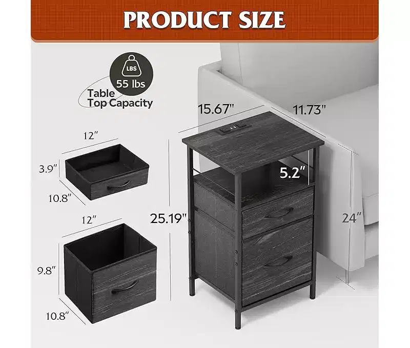 GALAXHERO Nightstand with Charging Station, End Table with 2 Fabric Drawers, Side Table for Living Room, 2 USB Ports and 2 Outlets