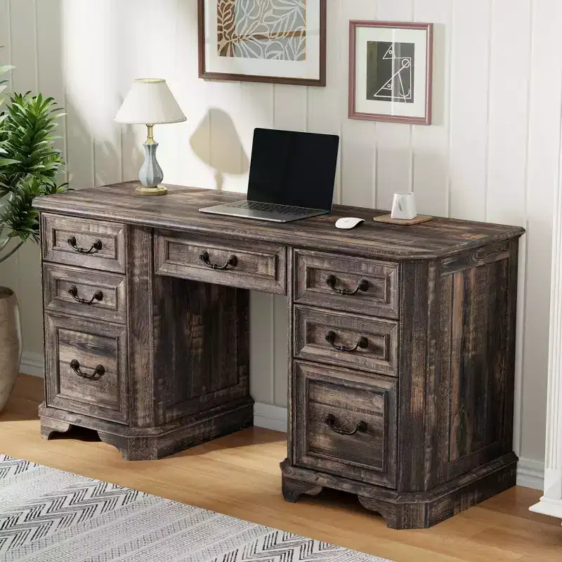 59 Executive Desk with Drawers, Office Desk with File Drawers, Computer Desk w/Charging Station & Keyboard Tray for Home Office