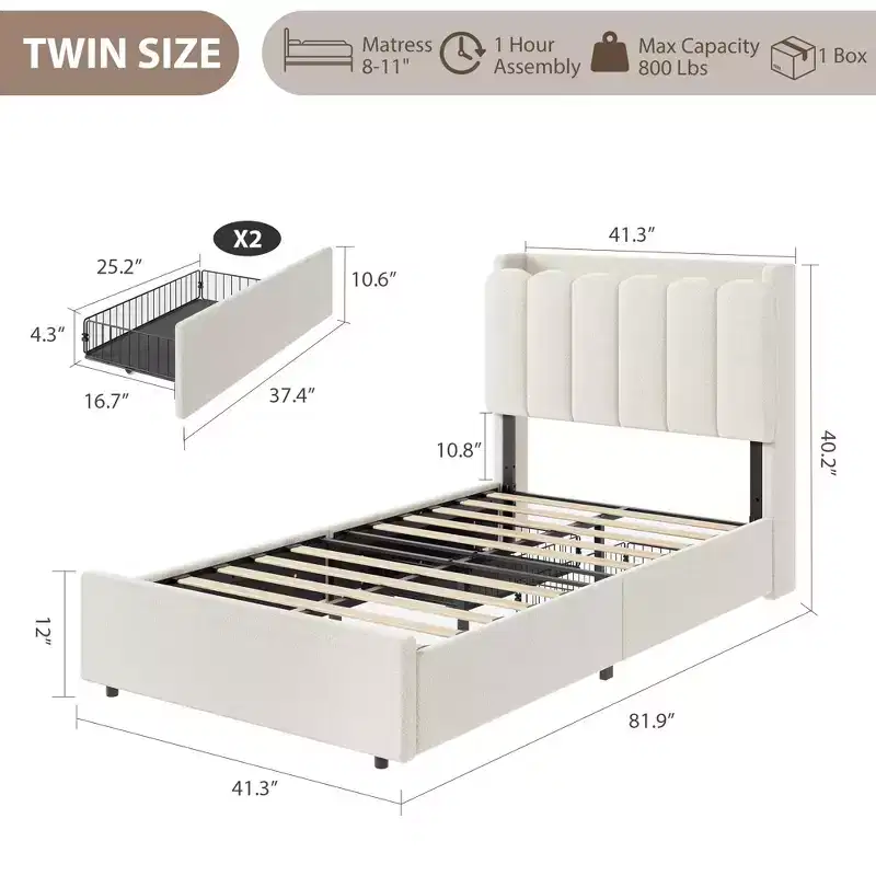 Cream Boucle Upholstered LED Bed Frame with Storage Headboard & 2 Drawers, Twin XL, For 1