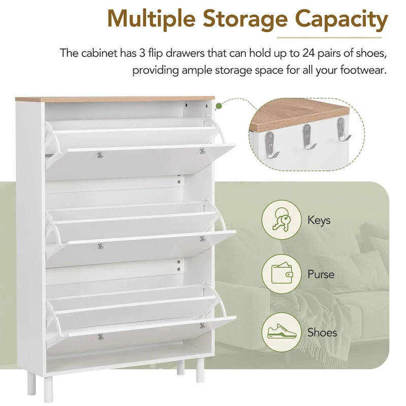 Shoe Cabinet with 3 Flip Drawers,Wood Grain Pattern with 3 Hooks,Free Standing Shoe Rack with Adjustable Panel