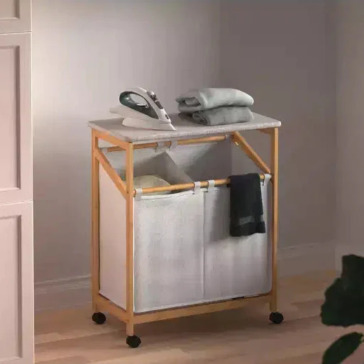 2-Compartment Bamboo Laundry Storage Cart with Ironing Board & 4 Casters, 21.25 Gal
