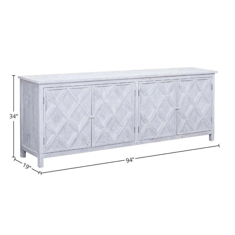 Kendra 94 Reclaimed Pine White Washed Painted Carved Sideboard