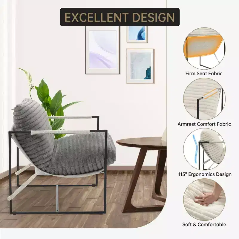 Sling Accent Chair with Metal Frame, Upholstered Living Room Chair with Foam Cushioning