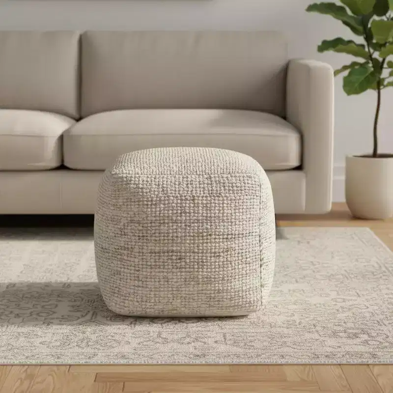 HomeRoots 18 Ivory Cotton Wool And Jute Striped Pouf Ottoman