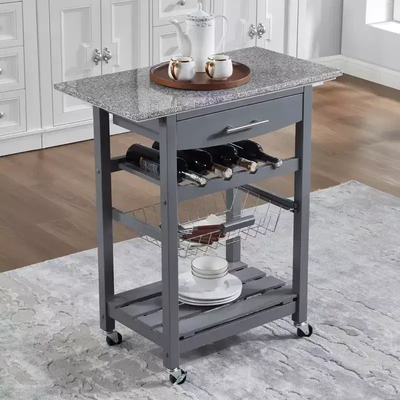 30Mobile Rolling Kitchen Island Trolley Serving Cart with Underneath Drawer & Slide-Out Wire Storage Basket