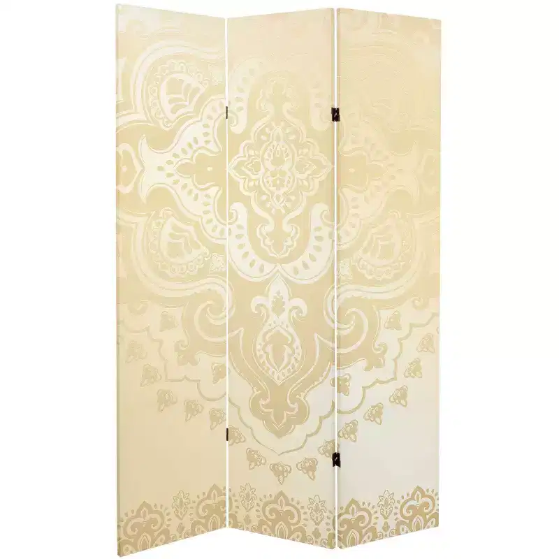 6 ft. Double Sided Mandala Pattern Canvas Room Divider, Ivory, Adjustable 3-Panel, Spruce Wood Frame