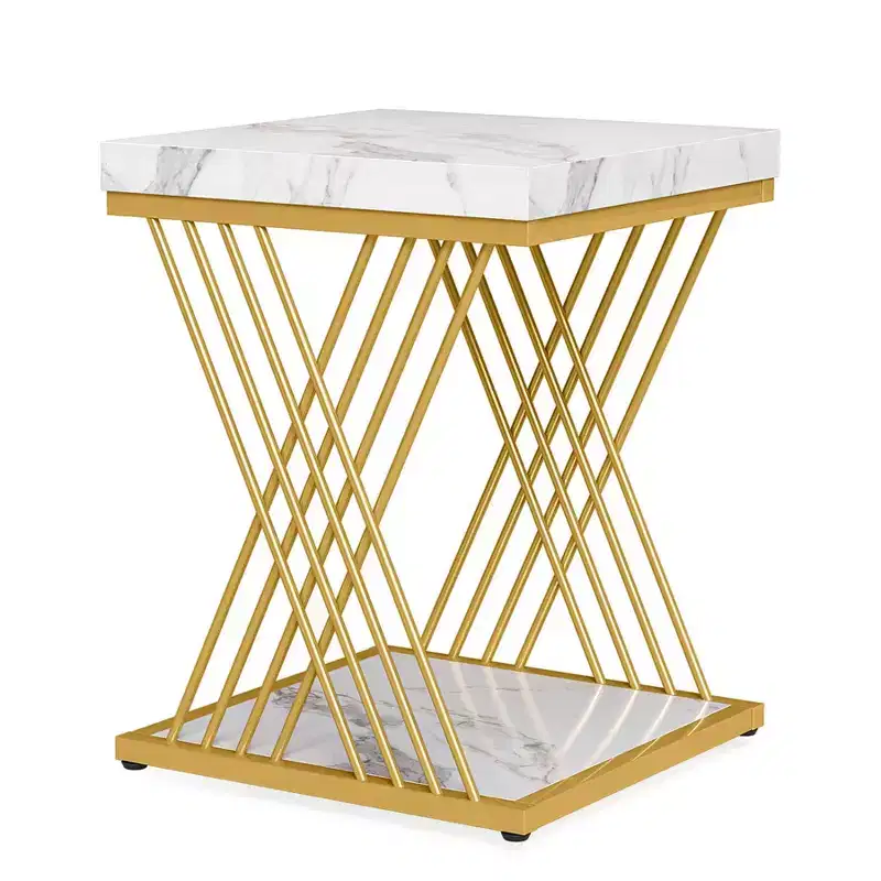2-Tier Square End Table / Side Table – Marble Veneer, Cross-Bar Design