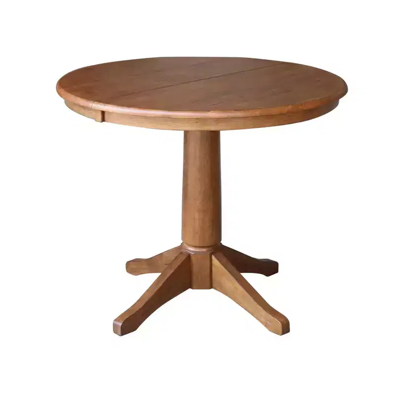 30.1" Lillian Round Top Pedestal Extendable Dining Table with 12" Drop Leaf Distressed Oak - International Concepts: Solid Wood, Mid-Century