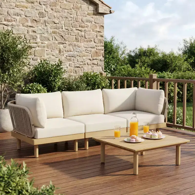 Christopher Knight Home Mason Patio Modern 4-Piece Acacia Wood and Rope Modular Sectional Sofa Seating Set with Cushions