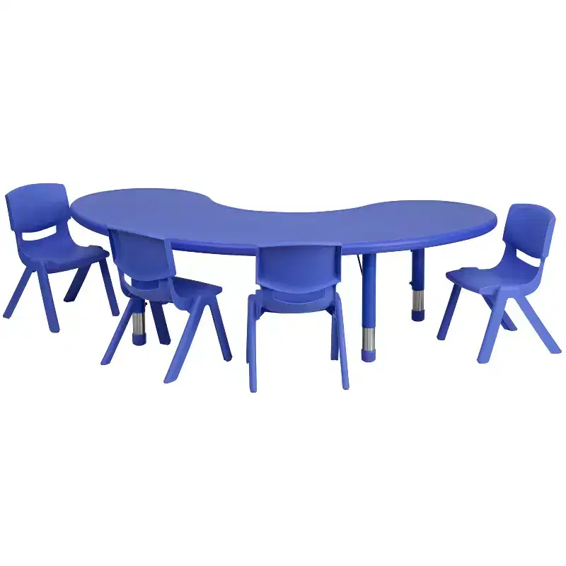 Emma and Oliver 35W x 65L Half-Moon Plastic Height Adjustable Activity Table Set with 4 Chairs