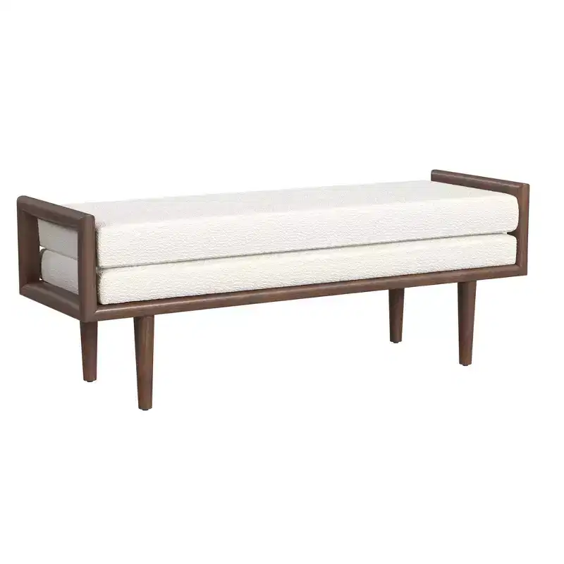 Upholstered Boucle Bench with Wood Base Cream: Mid-Tone Walnut Finish, Rectangle Shape, Polyester Upholstery