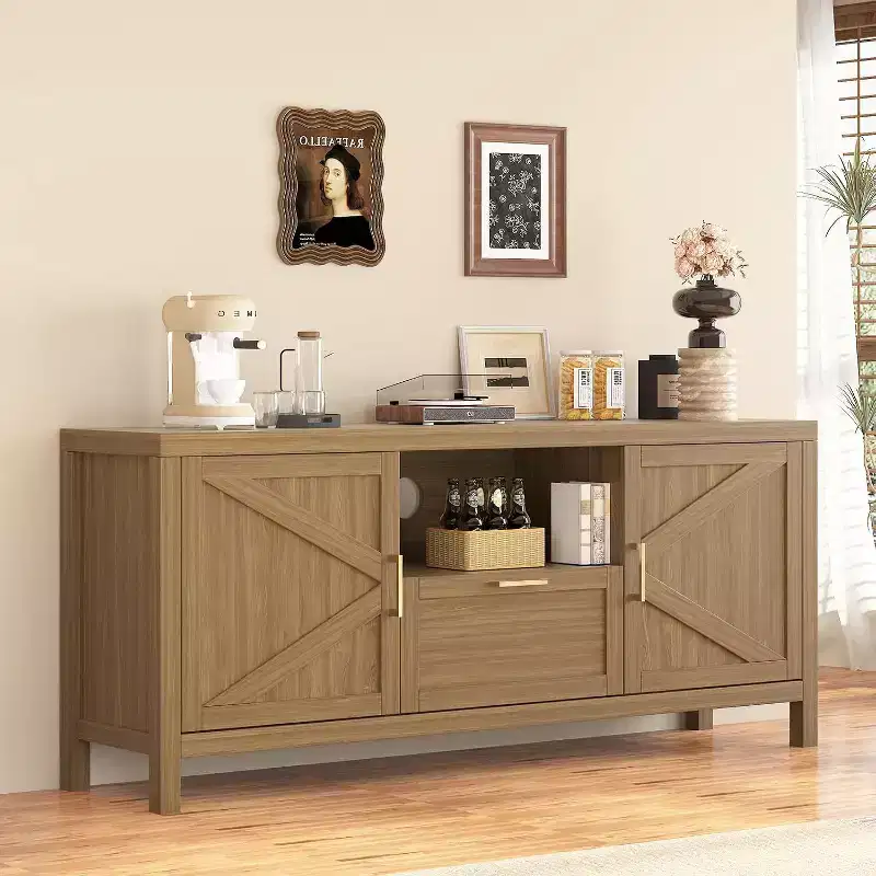 65 Inch Farmhouse TV Stand with Cabinet Door, Rustic Media Console with Adjustable Shelf & Storage for Living Room
