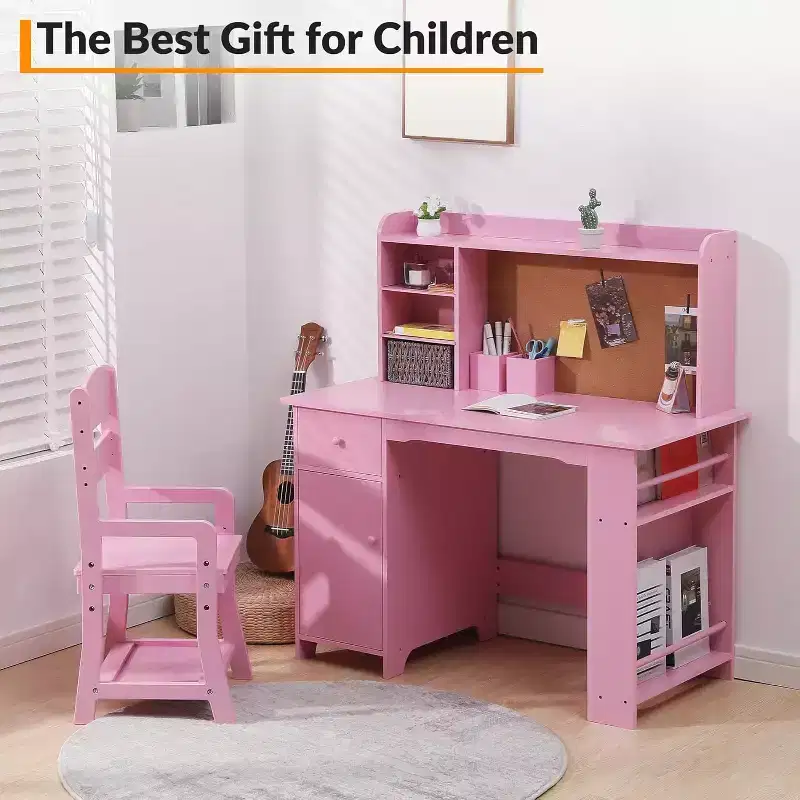 Kids Study Desk and Chair Set for Boys and Girl, Wooden Kids Writing Table with Bookshelf, Bulletin Board, Cabinet and Drawer for 3-8, Pink