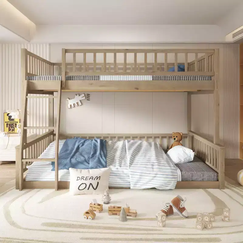 Okak Wooden Full Size Floor Bunk Bed, Kids Bunk Beds with Ladder and Safety Guardrails, Twin Bunk Beds for Kids, Teenagers