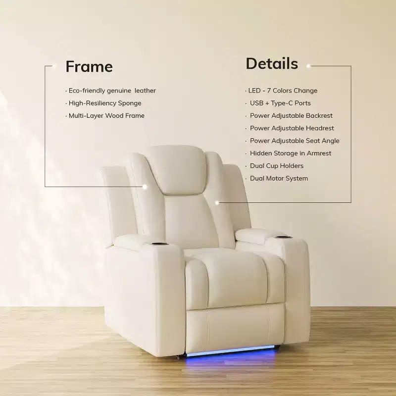 Electric Recliner Chair with 7-Color LED, Genuine Leather, Dual Motor & Hidden Storage for Living Room, Study, or Bedroom
