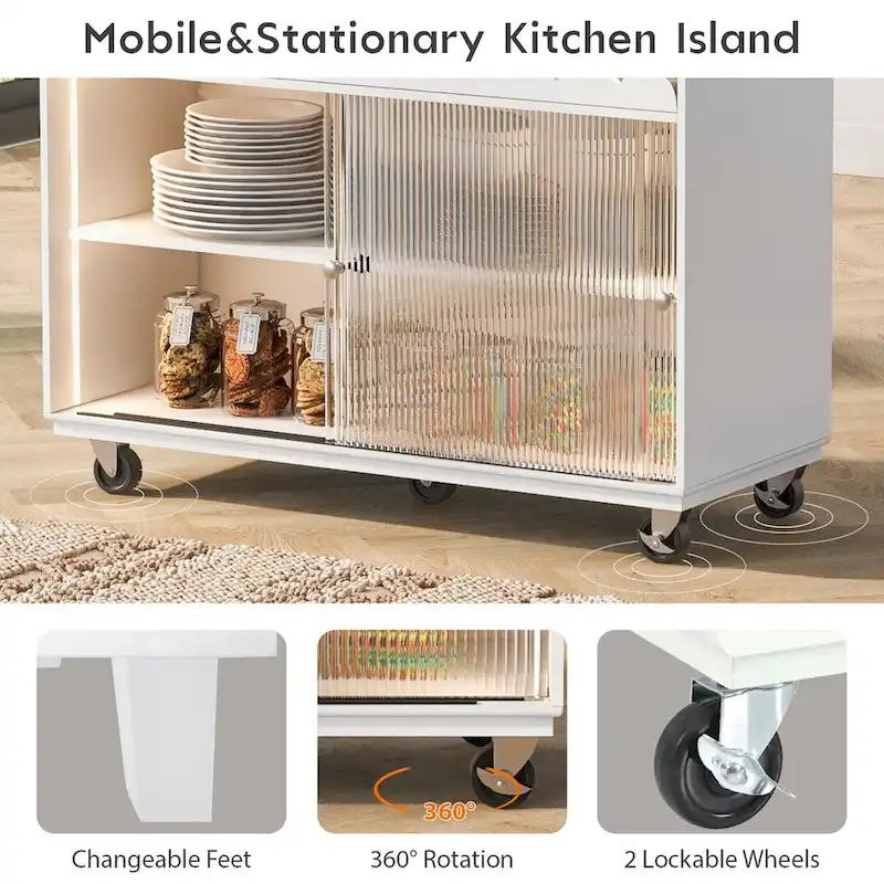 44 in. W Kitchen Island Rubberwood Drop-Leaf Countertop on 5 Wheels with Open Shelf and Wine Rack - 44
