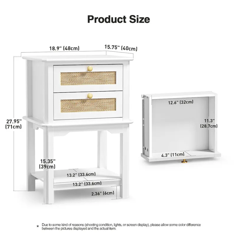 Modern 27.95H Tall 2-Drawer White Nightstand Wood Rattan Side End Table for Bedroom with Storage Shelf