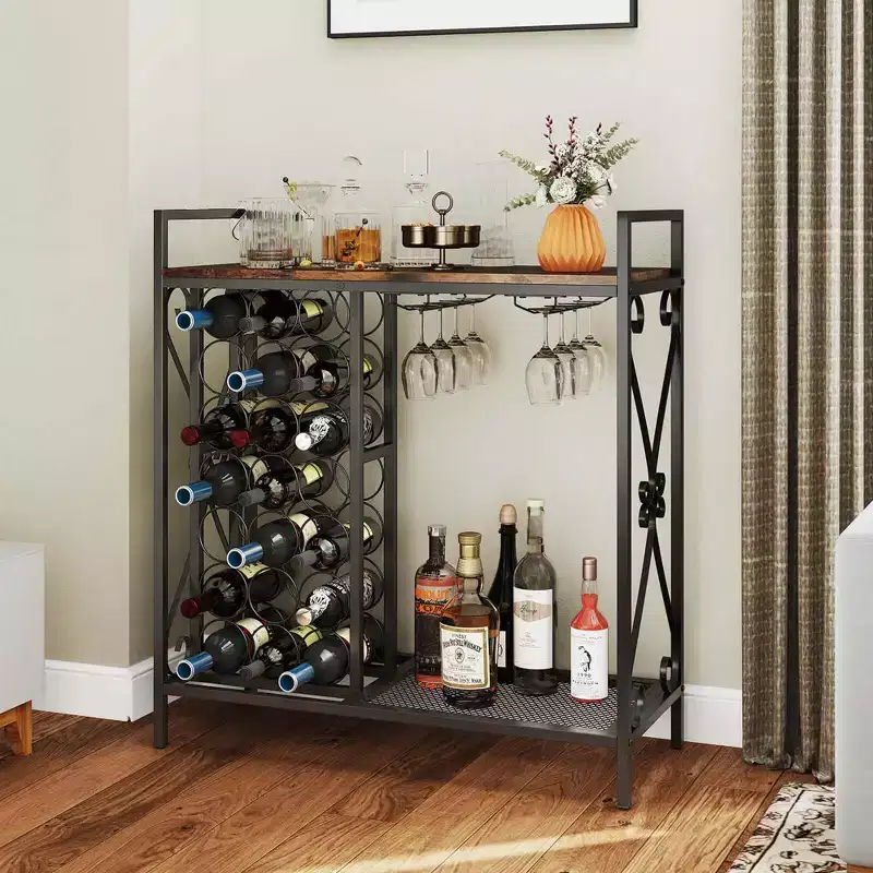 21 Bottle Wine Rack Freestanding Floor Wine Bottle Organizer with Storage Shelf, Black & Gold / Brown