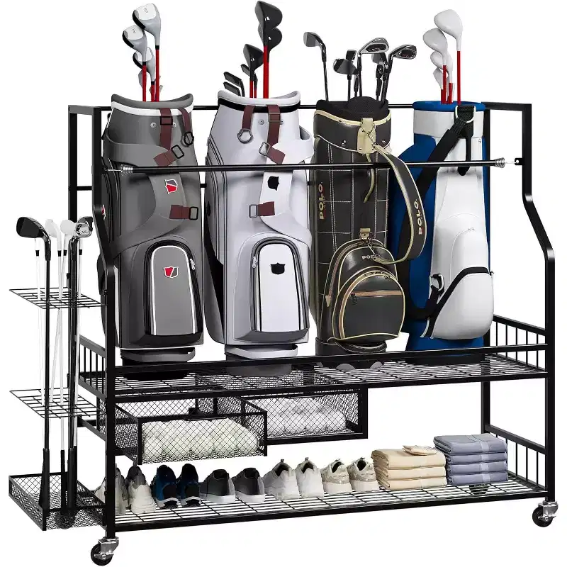 COZONY Golf Bag Storage Garage Organizer, Holds 4 Golf Bags, Clubs & Accessories, with 4 Wheels, Drawers for Shoes & Equipment  Ideal for Garage