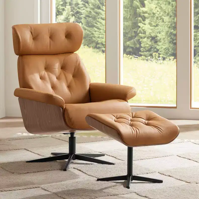 Cognac Tan Faux Leather Recliner Chair with Ottoman