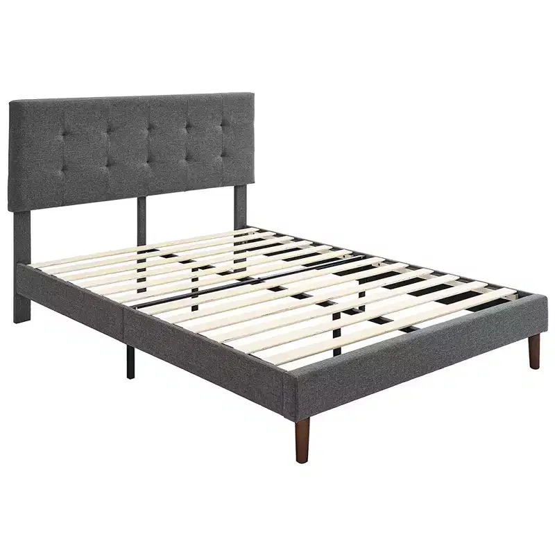 Upholstered Platform Bed with Adjustable Square Stitch Headboard, Queen, Dark Grey