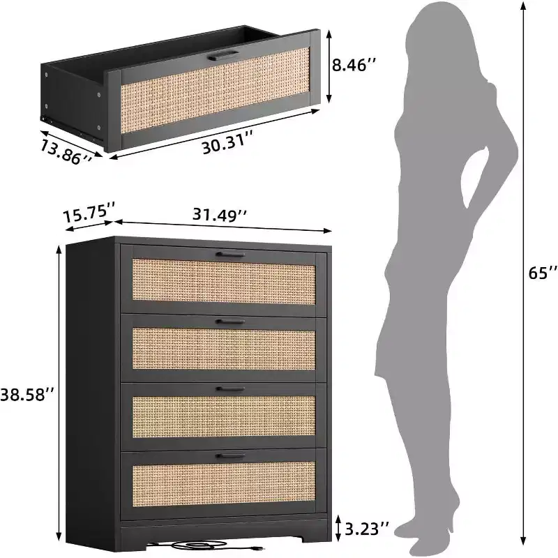 Rattan Dresser with 4 Drawers, Chest of Drawers Storage, Modern Wooden Dresser for Bedroom, for Bedroom, Entryway, Hallway