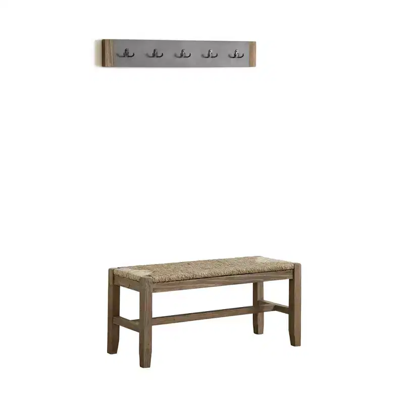 40" Davenport Coat Hook and Rush Seat Bench Set Light Amber - Alaterre Furniture: Rustic Industrial Entryway Organizer, Wood Frame