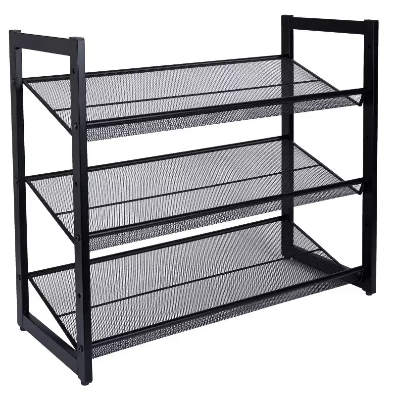 Organize It All 3 Tier Shoe Rack Organizer with Mesh Black: Iron Frame, Holds 12 Pairs, Freestanding, 29" W x 24.4" D x 12" H