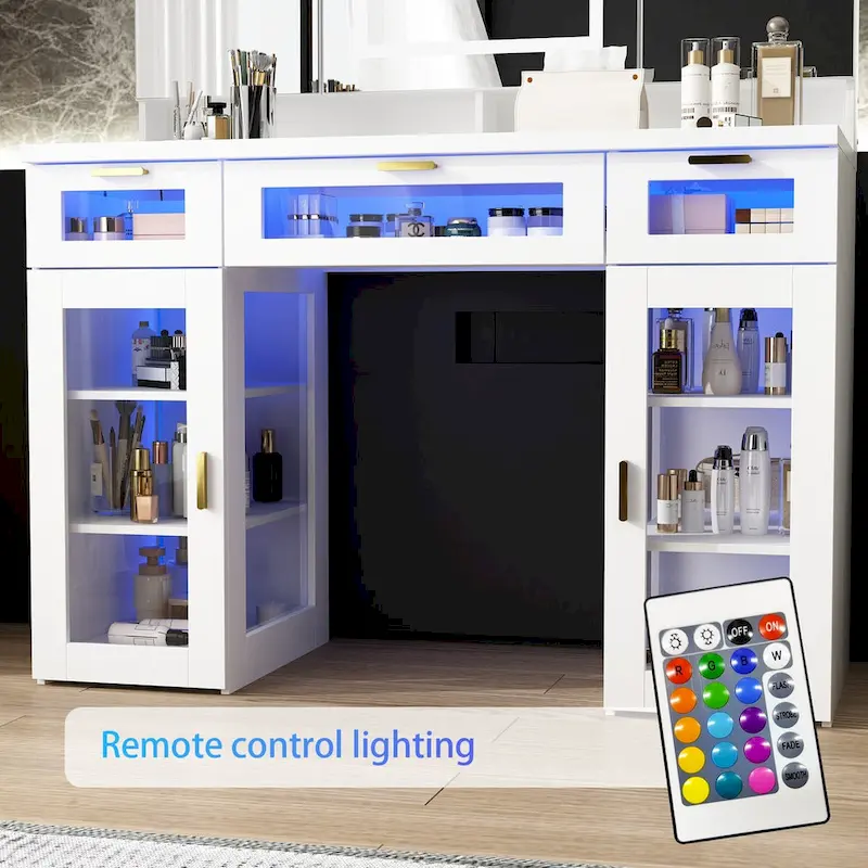 White Vanity Table with LED Lights, Tri-Fold Mirror & Drawers – Single Seat