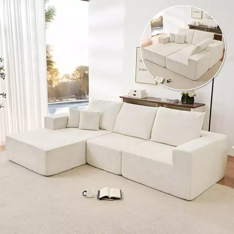 Mjkone 108Corduroy Fabric Sectional Couch with Chaise Lounge3-Pieces Free-Combined Cloud Modular L-Shaped Sofa