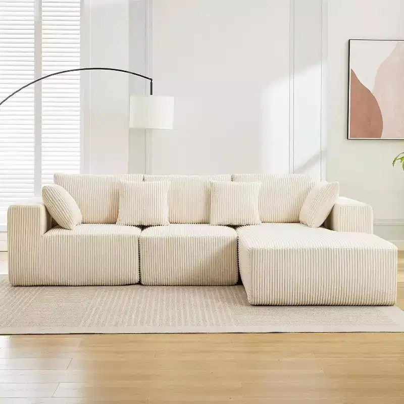 Acekool 108 L-Shaped Cloud Sectional - No Assembly Corduroy Sofa with Chaise & Deep Seating for Living Rooms