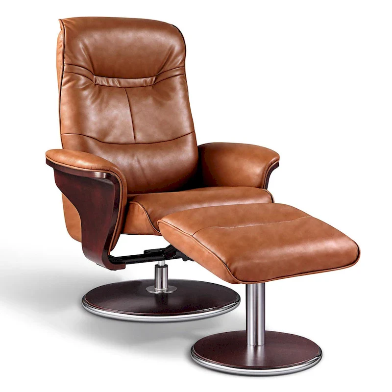 'Milano' Modern Brown Leather Swivel Recliner and Ottoman