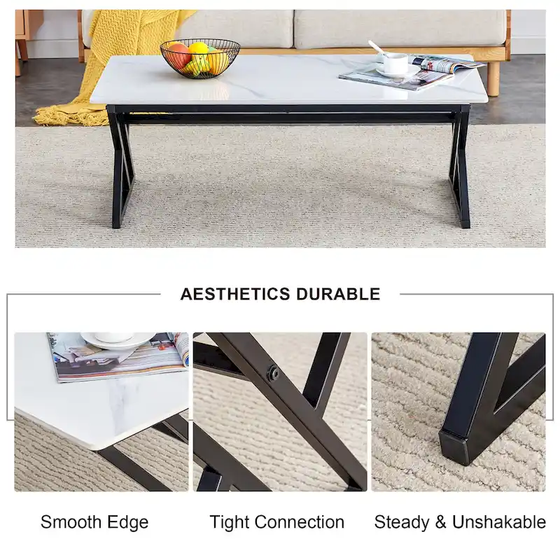 47 Modern Rectangular Coffee Table with Sintered Stone Tabletop and X-shaped Metal Legs
