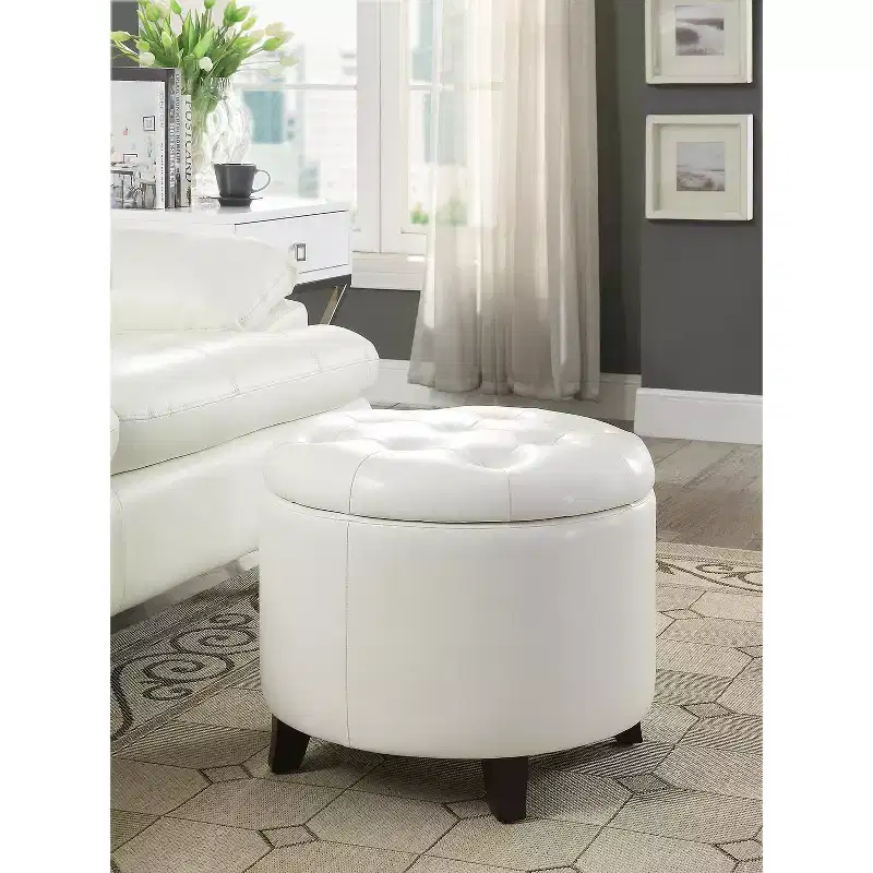 Round Storage Ottoman with Removable Lid - Faux Leather, Multiple Finishes