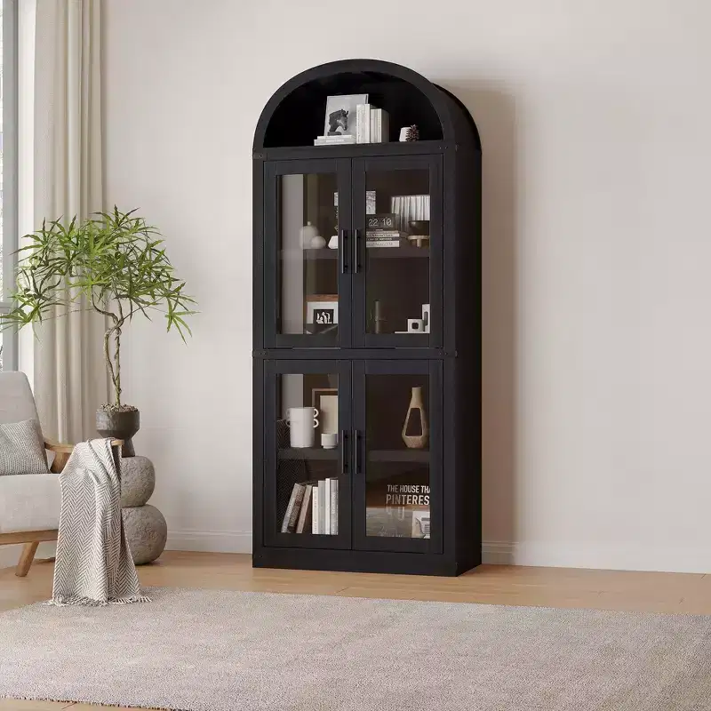 71 Tall Arched Kitchen Pantry Cabinet, Freestanding Cupboard Storage Cabinet, 5 Tier Wood Display Cabinet, Versatile Bookcase, Black Glass Door