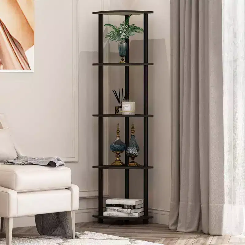 Furinno 2 PCS 5-Tier Decorative Bookshelf Open Multipurpose Shelves Corner Display Rack,Espresso/Black