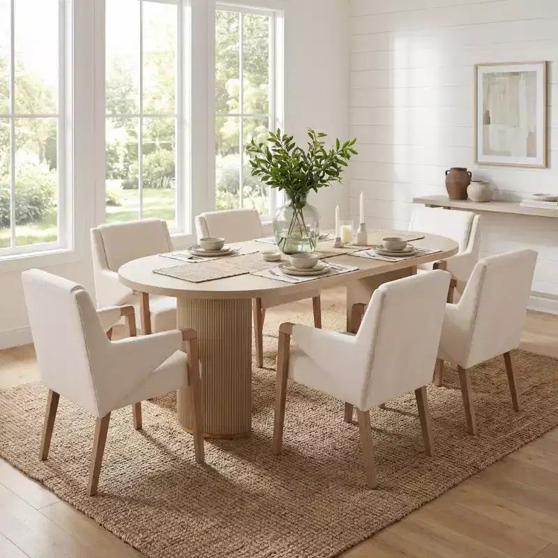 7-Piece Modern Oval Dining Set, Linen Upholstered, Seats 6