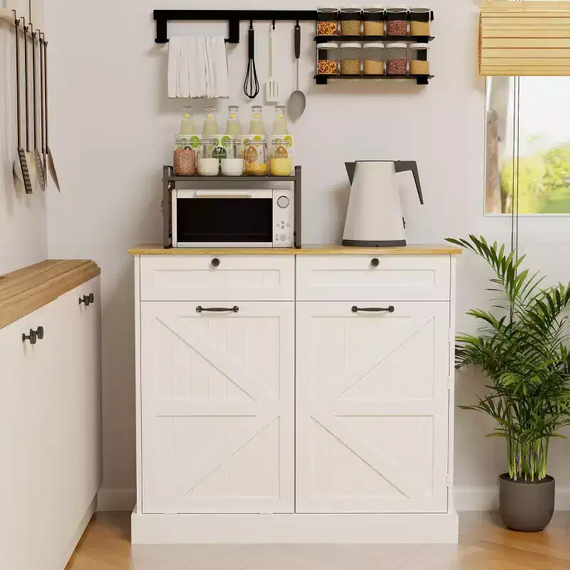 Tilt Out Trash Can Cabinet, Hidden Trash Can Cabinet for Kitchen Pull Out Trash Cabinet with Storage, Trash Bin Cabinet with 2 Drawers White