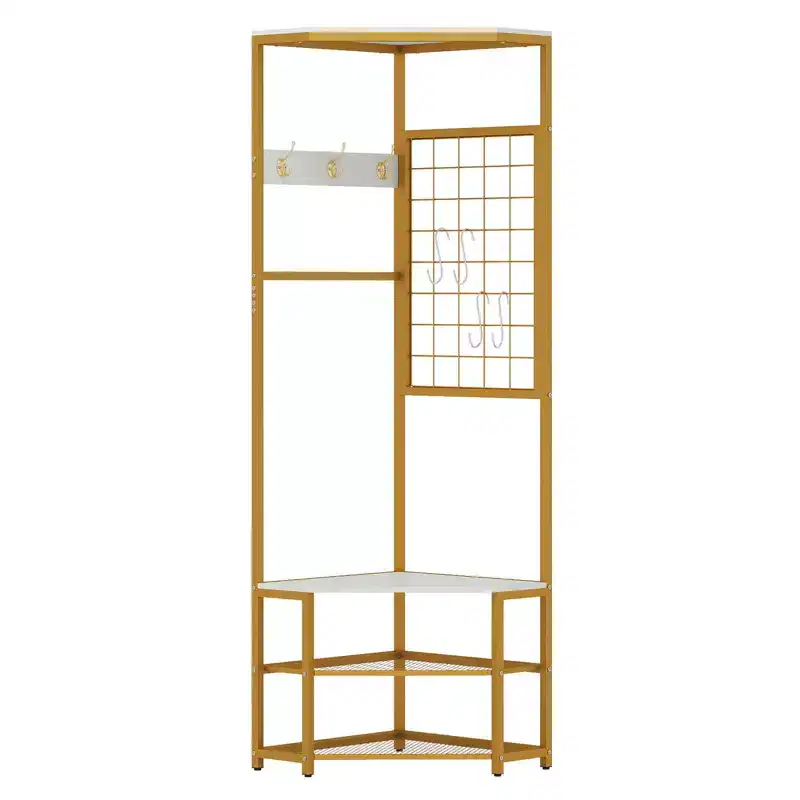 Costway Corner Hall Tree, Freestanding Coat Rack with Storage Shelves & Removable Hooks Rustic Brown + Black/Gold + White