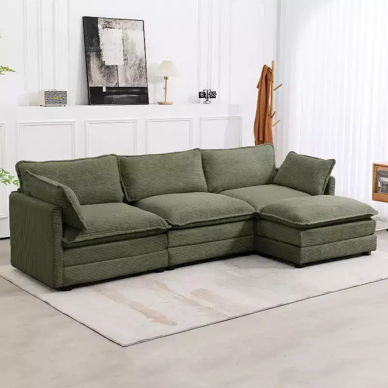 Likepay 112 in. W 4-Piece Modern Corduroy Fabric Sectional Sofa Couch with Ottoman