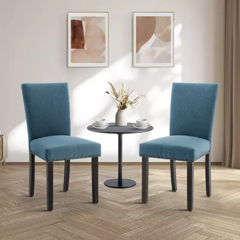Modern Dining Chairs Set of 2, Upholstered High Back Kitchen Chairs with Sturdy Wood Legs, Linen Fabric Accent Chair for Dining Room & Home